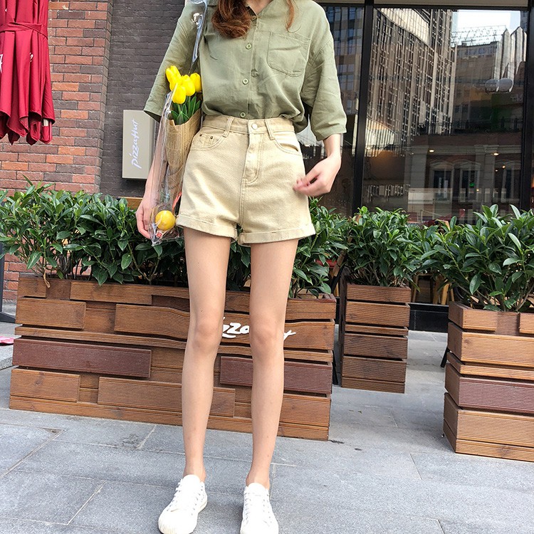 Xiaozhainv Quần short denim lưng cao theo phong cách retro | BigBuy360 - bigbuy360.vn
