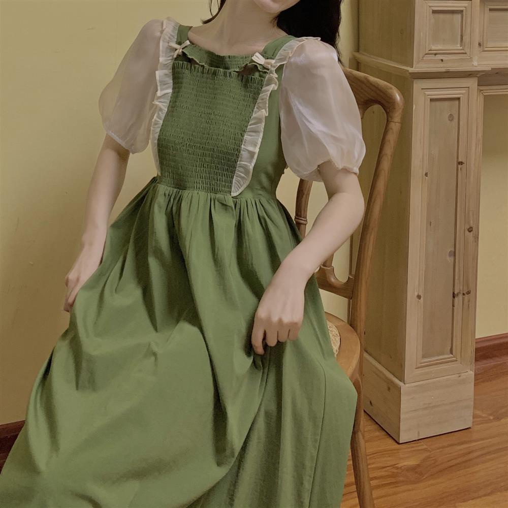 Đầm Midi Chữ A Tay Phồng Phối Lưới Màu Xanh Bơ Ngọt Ngào Phong Cách Pháp Thời Trang Cho Nữ