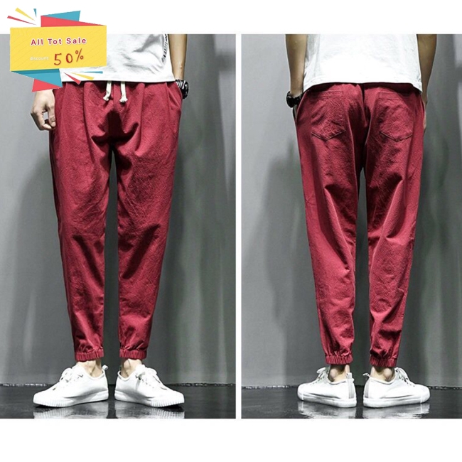 [Khuyến Mãi Sốc] Men Loose Harem Pants Chinese Style Drawstring Cotton Linen Jogger Pants
