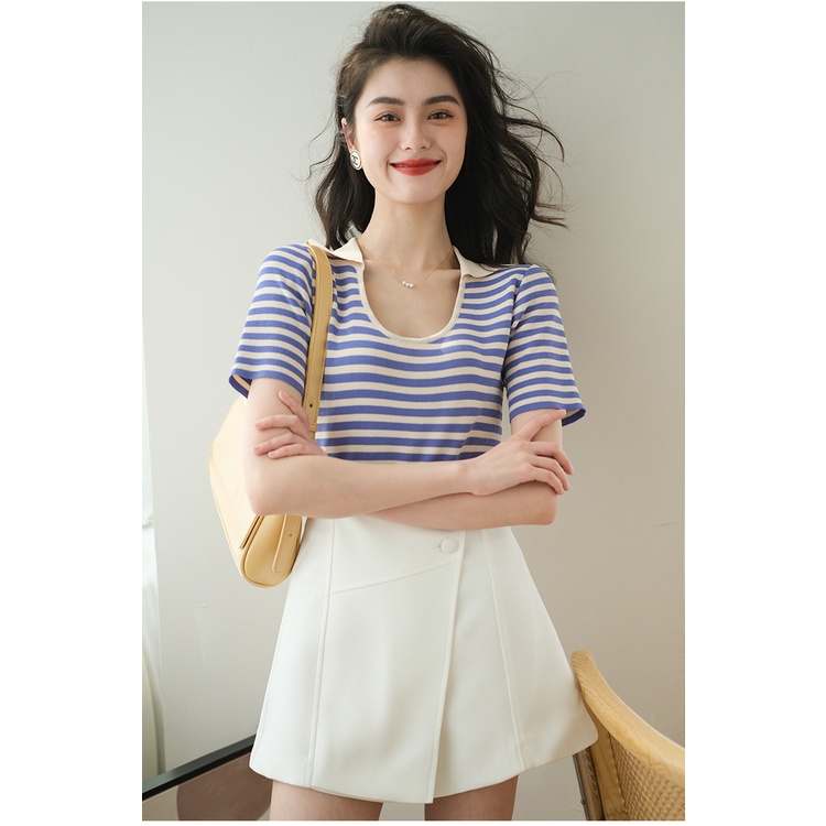 Áo Dệt Kim Ngắn Tay Họa Tiết Kẻ Sọc Phong Cách Pháp Mới