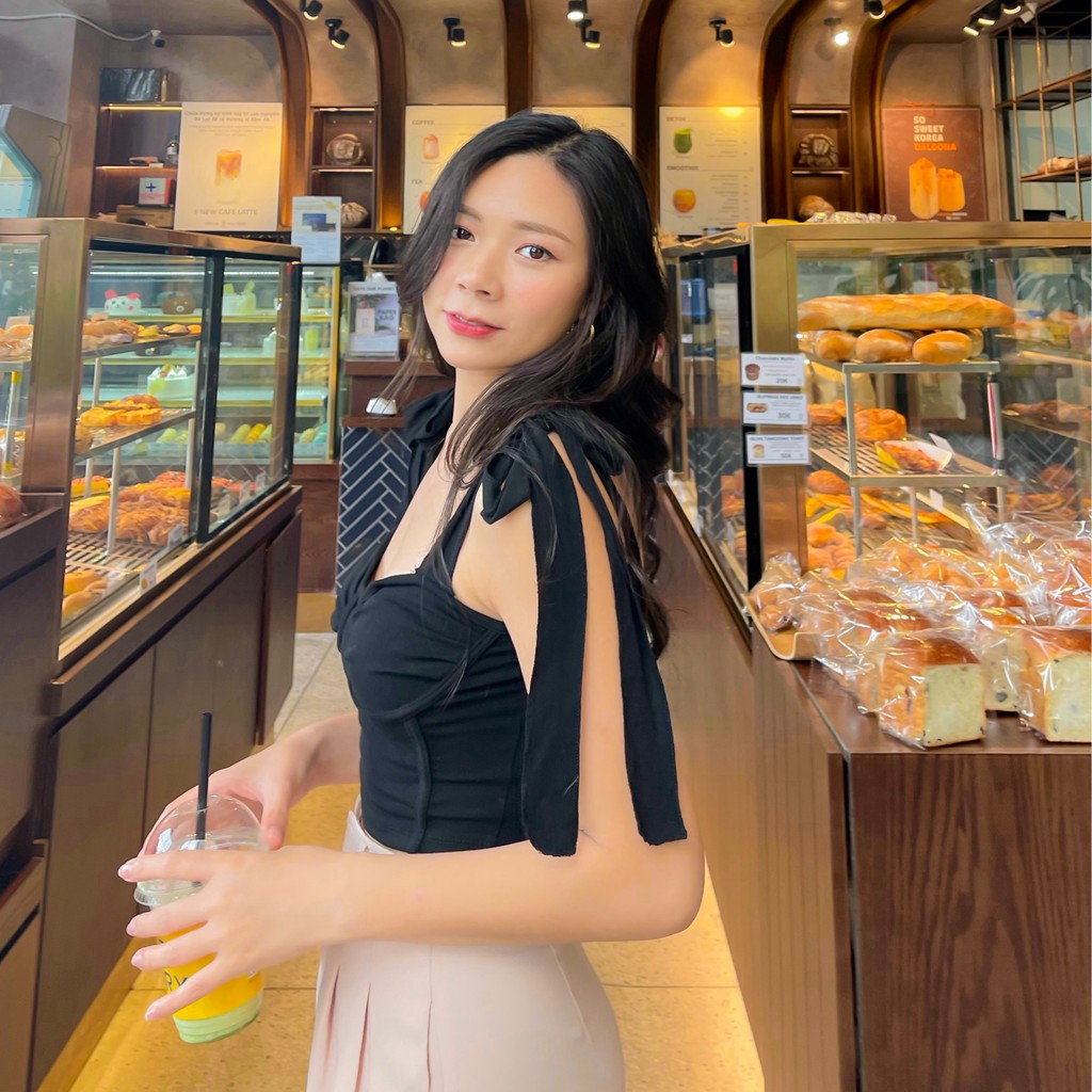 Áo croptop hai dây cúp ngực buộc nơ bản to chất thun co giãn màu trắng/ đen cao cấp thiết kế T-Ju (áo nơ nhỏ xinh) | BigBuy360 - bigbuy360.vn