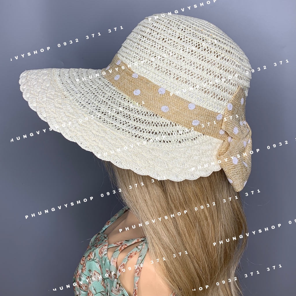 ĐG - Mũ cói HỞ SAU NƠ CHẤM BI vành viền Vảy- nón vành rộng đi biển che nắng