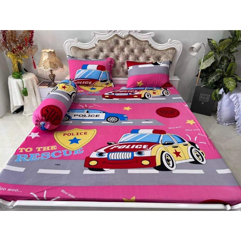 Bộ Drap thun Hàn Quốc mẫu xe POLICE hoạt hình