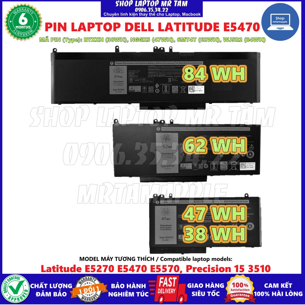 Pin Laptop DELL LATITUDE E5470 (ZIN) - 3 CELL 4 CELL - Latitude E5270 E5470 E5570 Precision 15 3510