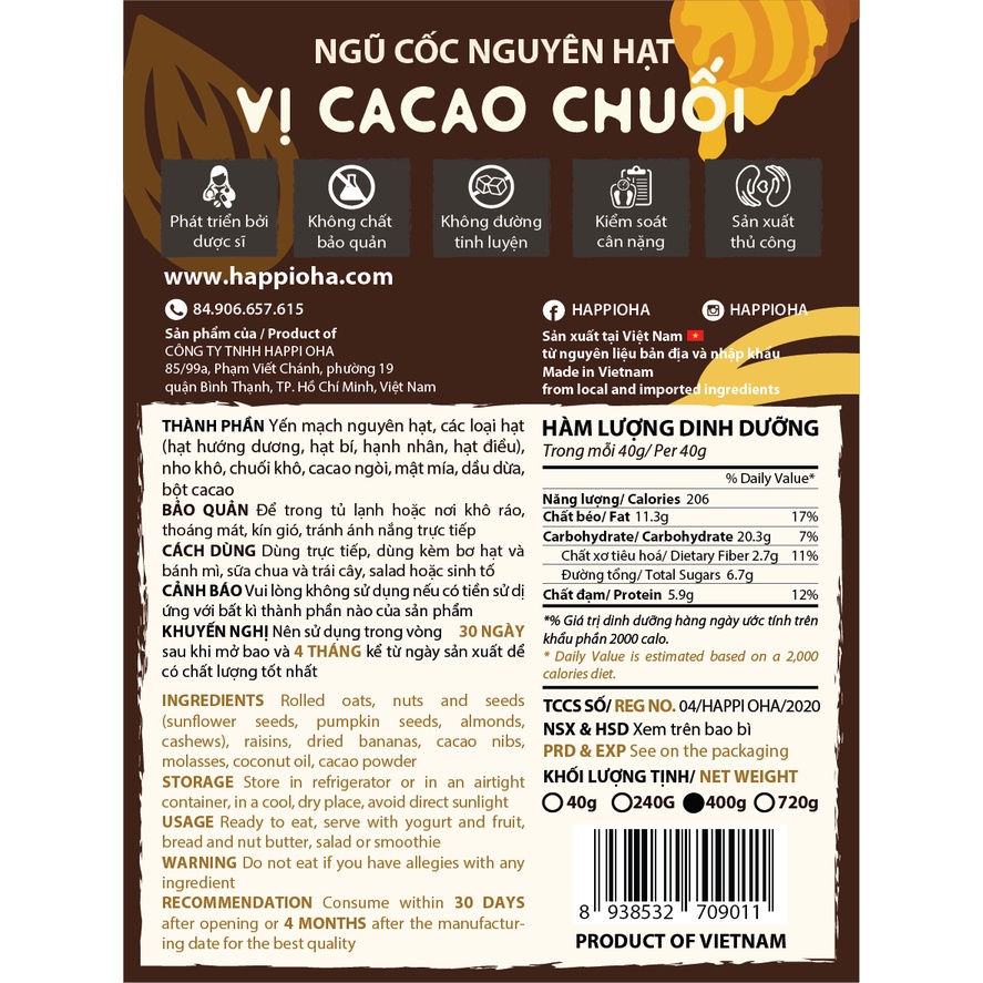 Ngũ Cốc Ăn Kiêng Granola CHOCO BANA - Yourshop - Hỗ trợ giảm cân - Ngũ cốc ăn sáng - 40g