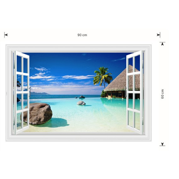 Decal trang trí khung cửa sổ 3D cảnh Resort biển xanh