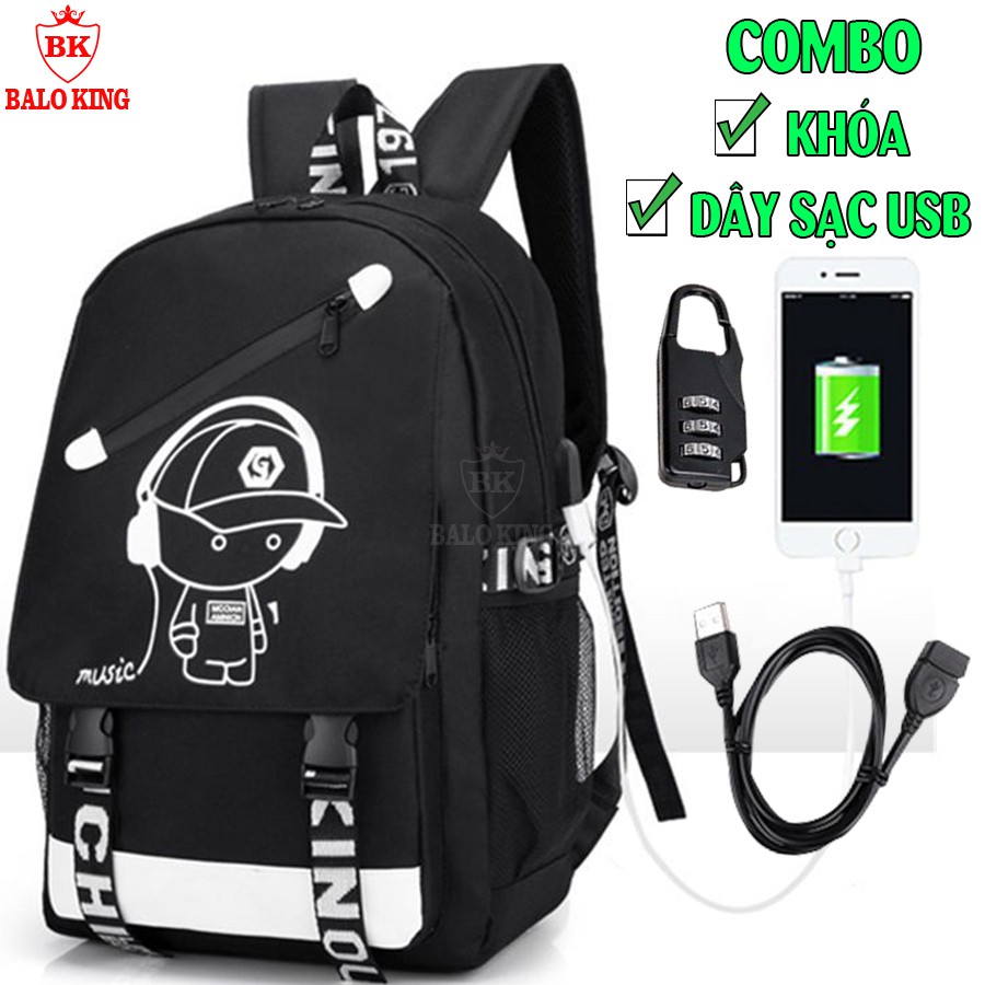Combo balo đi học phát sáng dạ quang Baloking đẳng cấp + Dây cáp sạc USB xịn + Khóa số thông minh Mẫu HOT nhất năm nay