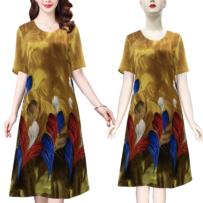 GOTI - Đầm Lụa Trung Niên Cao Cấp Dáng Suông Dài, Rộng Eo Giấu Bụng Tay Lỡ Bigsize Cho Mẹ U50 U60 3326