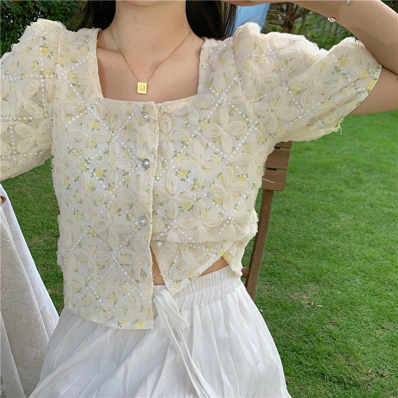 Áo Kiểu Tay Ngắn Phồng Phối Lưới Họa Tiết Hoa Phong Cách Pháp Ngọt Ngào Cho Nữ  tao bao
