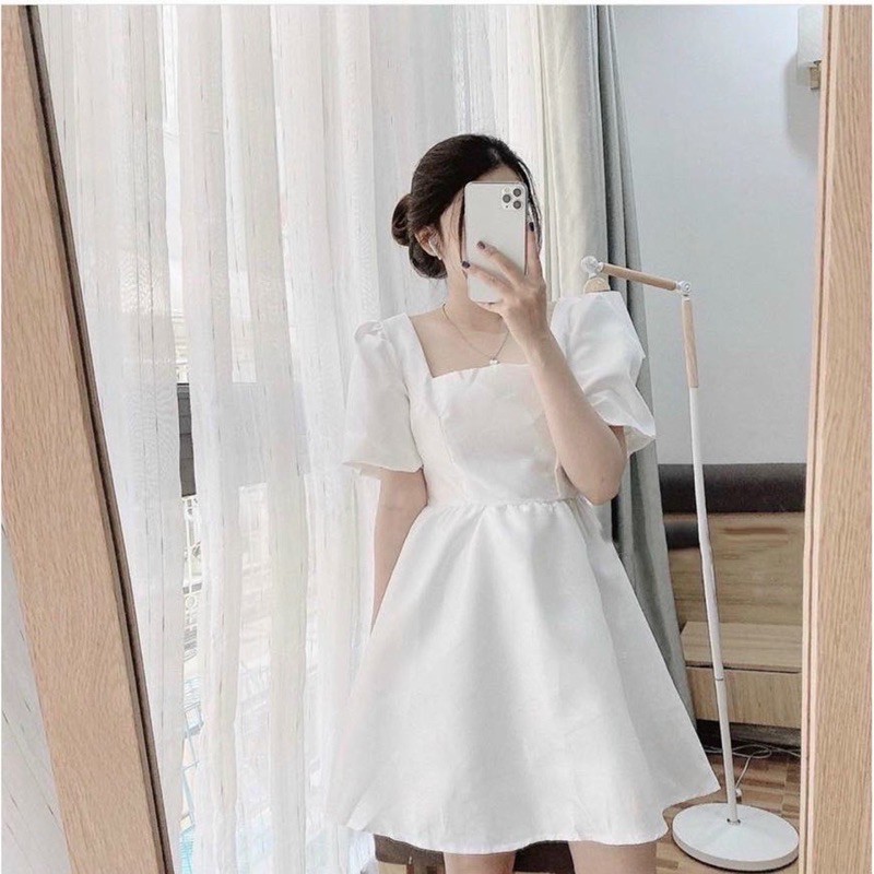 Đầm trắng dự tiệc thiết kế váy cổ vuông tay phồng form ngắn siêu xinh (kèm hình thật)