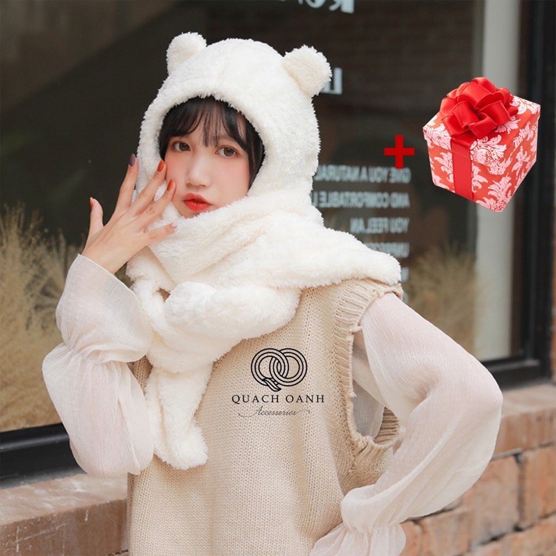 Mũ lông Cừu 3in1 tai gấu kèm khăn quàng cổ và bao tay kiểu dáng hàng quốc, mũ len tai gấu cho bạn gái