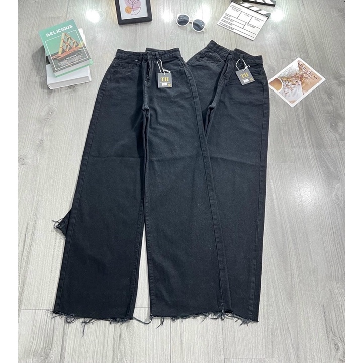 Baggy jeans lưng cao ống suông tua lai
