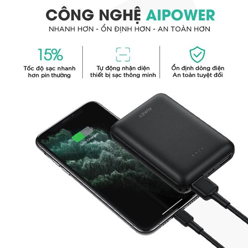 Pin Sạc Dự Phòng 10000mAh Aukey PB-N66 2 Cổng Sạc , Công Nghệ Airpower Thông Minh - Chính Hãng , Bảo Hành 24 Tháng