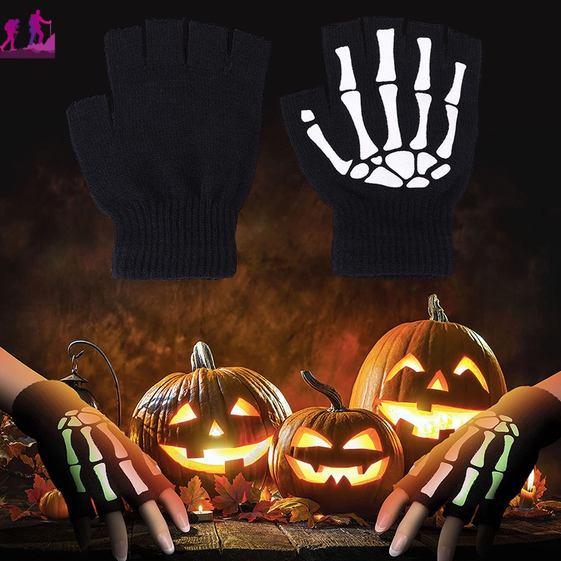 Găng Tay Chống Trượt Hở Ngón Họa Tiết Bộ Xương Phong Cách Gothic