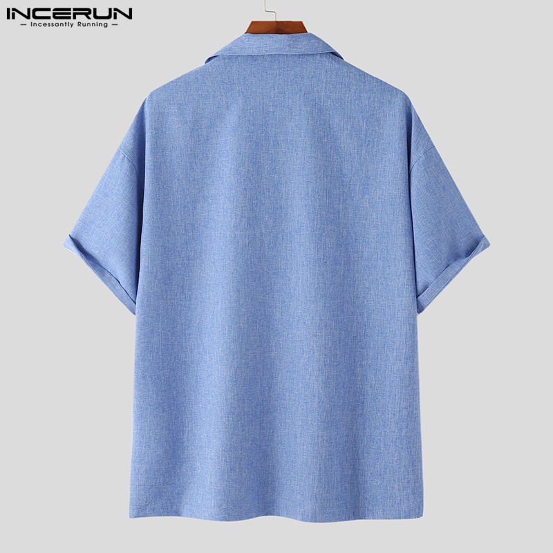 Áo sơ mi INCERUN tay ngắn màu trơn có nút cài thời trang cho nam