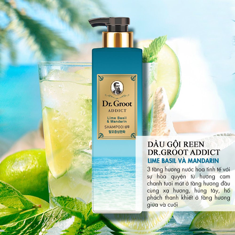 Dầu Gội Reen Dr. Groot Addict Chăm Sóc Da Đầu Và Ngăn Tóc Gãy Rụng Hương Lime Basil &amp; Mandarin 385ml