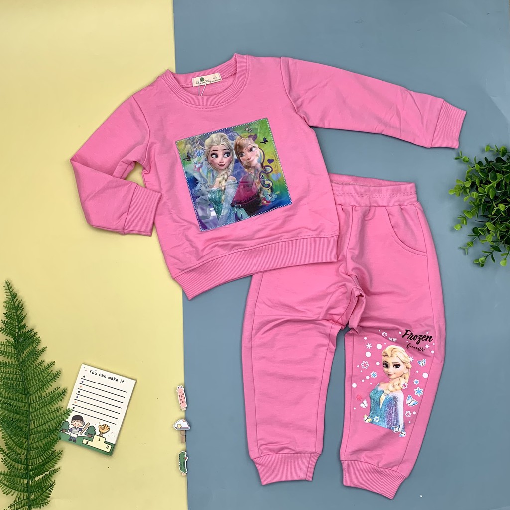 Bộ nỉ da cá thu đông dài tay hình Elsa 3D bé gái size 3-10T, cho bạn từ 12-30kg. Chất cotton ấm dày dặn, đanh tay, đẹp