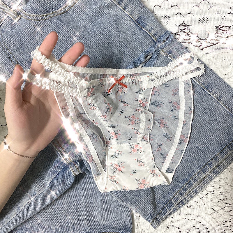 Quần Lót Cotton Lưng Thấp Phối Ren Lưới Đính Nơ Họa Tiết Hoa Quyến Rũ