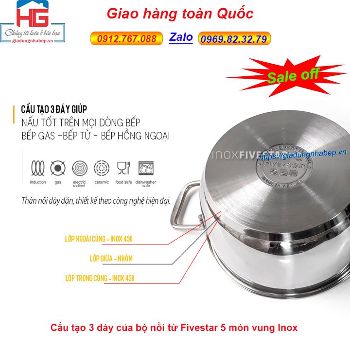 Bộ nồi inox fivestar 5 chiếc 3 đáy từ vung Inox