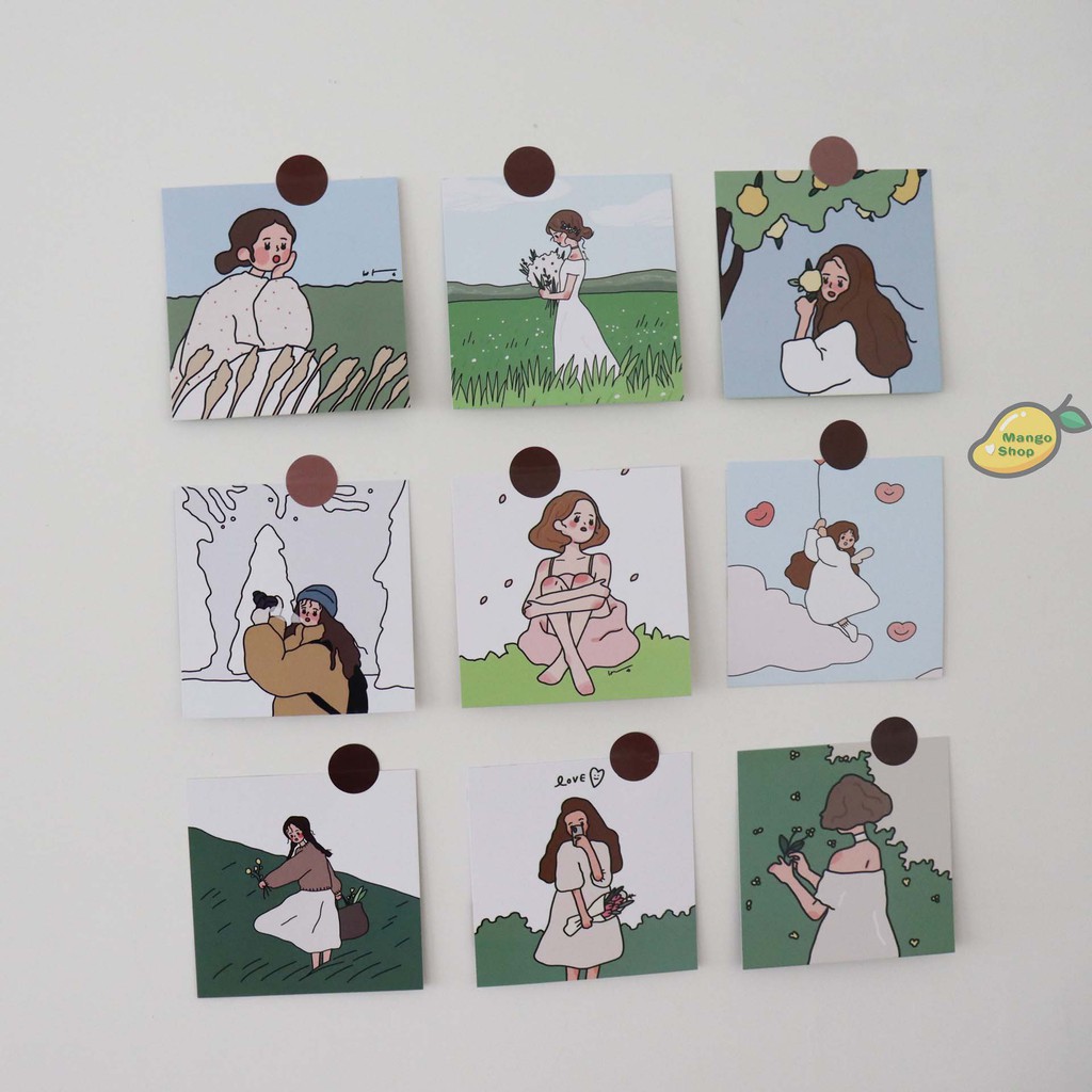 Set 9 poster Thẻ Giấy Trang Trí Họa Tiết Bé Gái Dễ Thương ( Sticker dán tường xinh xắn )