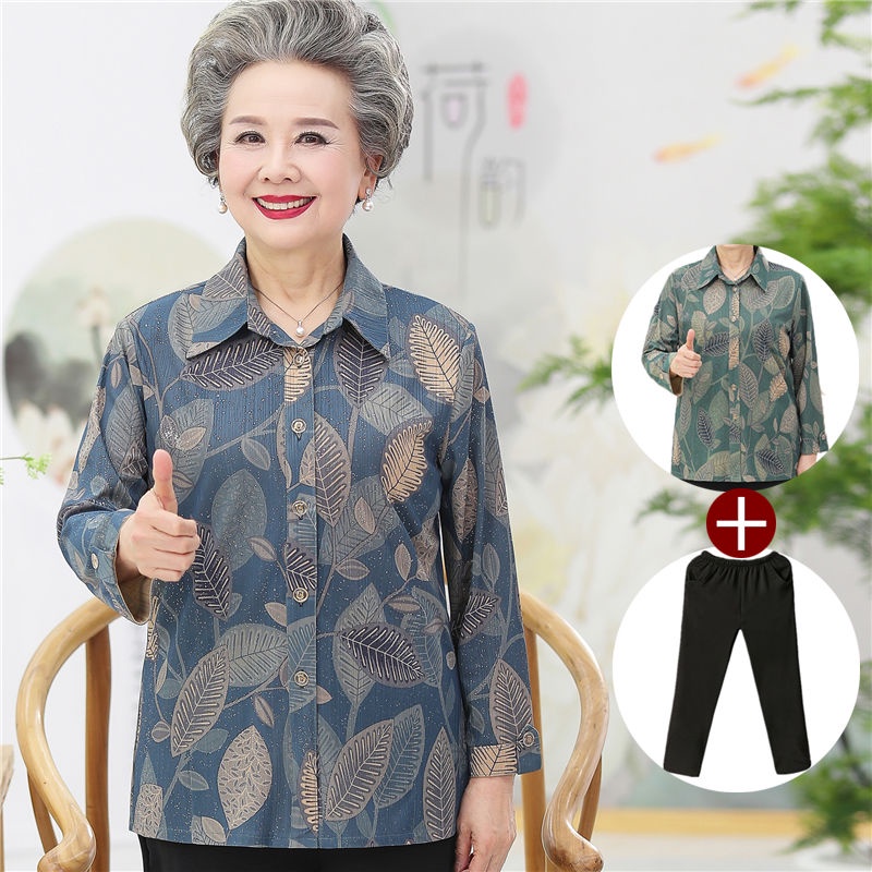 Áo sơ mi dài tay mùa xuân của phụ nữ cao tuổi, bộ đồ bà già 60-70 tuổi