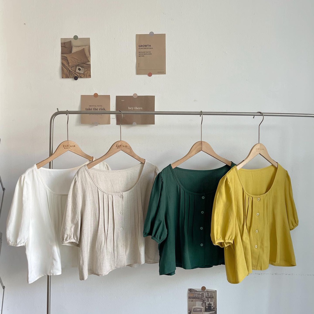 Áo Linen xếp li ngực tay lỡ cổ tròn