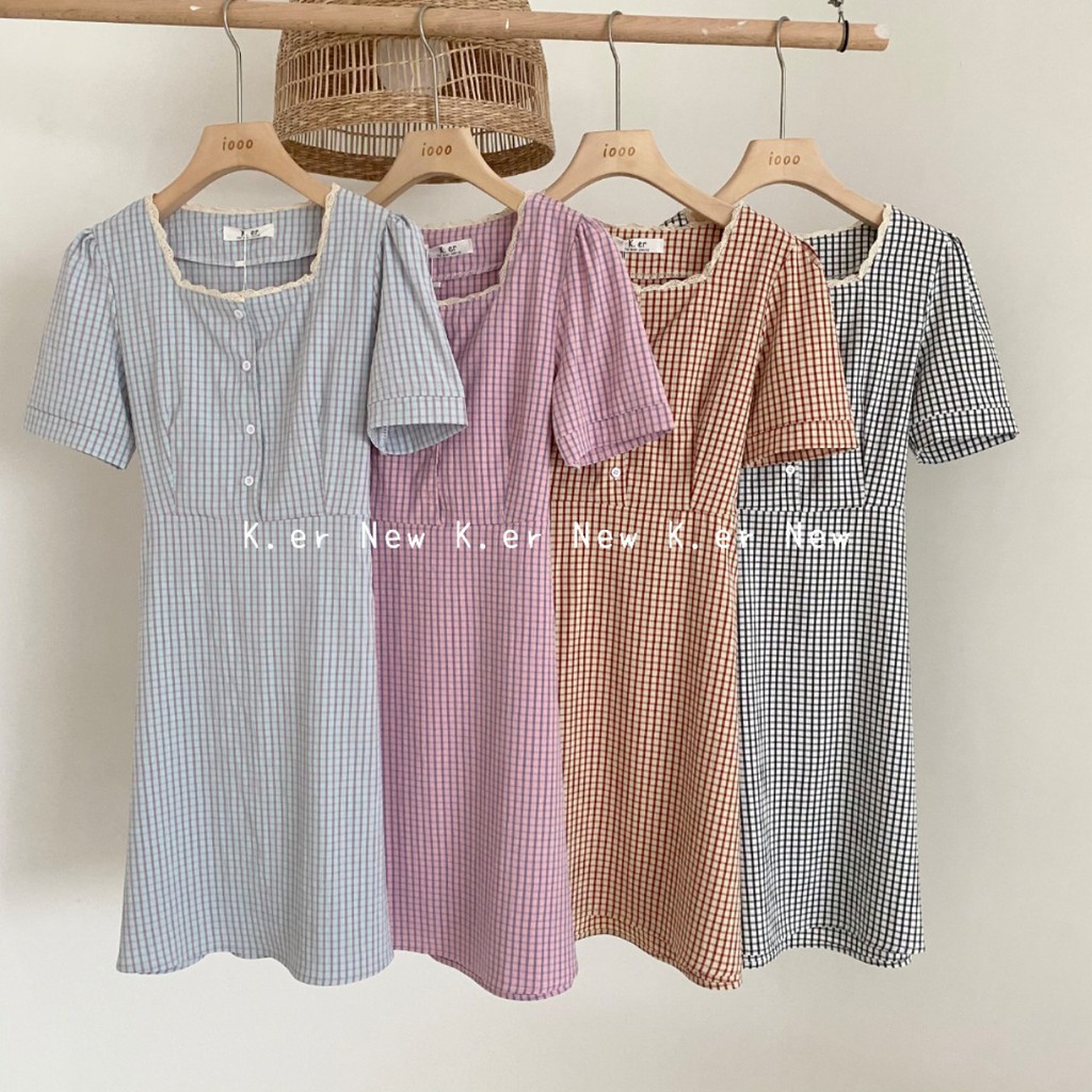 Váy thô cổ vuông viền ren kẻ caro dáng ngắn VKE 1026 Ulzzang style 🌸 Hàng Quảng Châu
