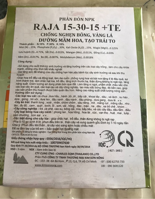 Phân bón lá NPK Thái Lan Cao Cấp Raja 15-30-15 + Te - hộp 1kg. Chuyên dùng cho rau, hoa và cây cảnh.
