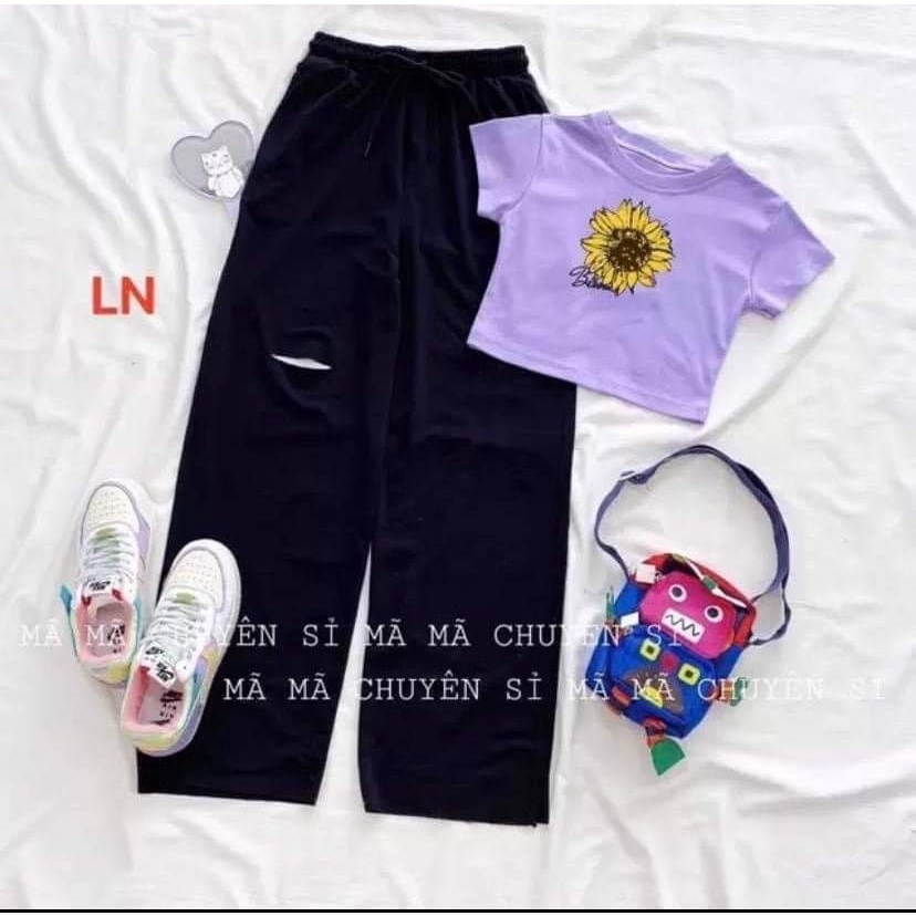 Siêu hót: Sét áo croptop hoa vàng + quần ông rộng