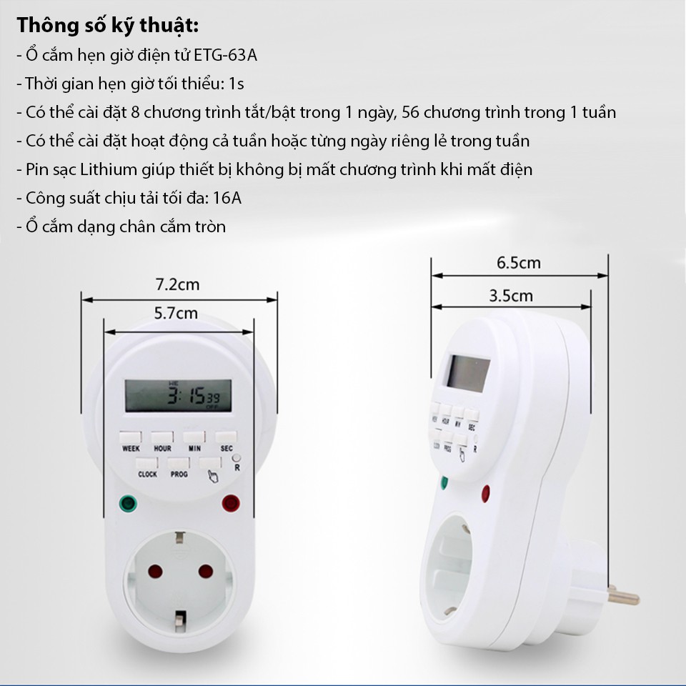 Ổ cắm hẹn giờ điện tử bật, tắt tự động ETG-63A