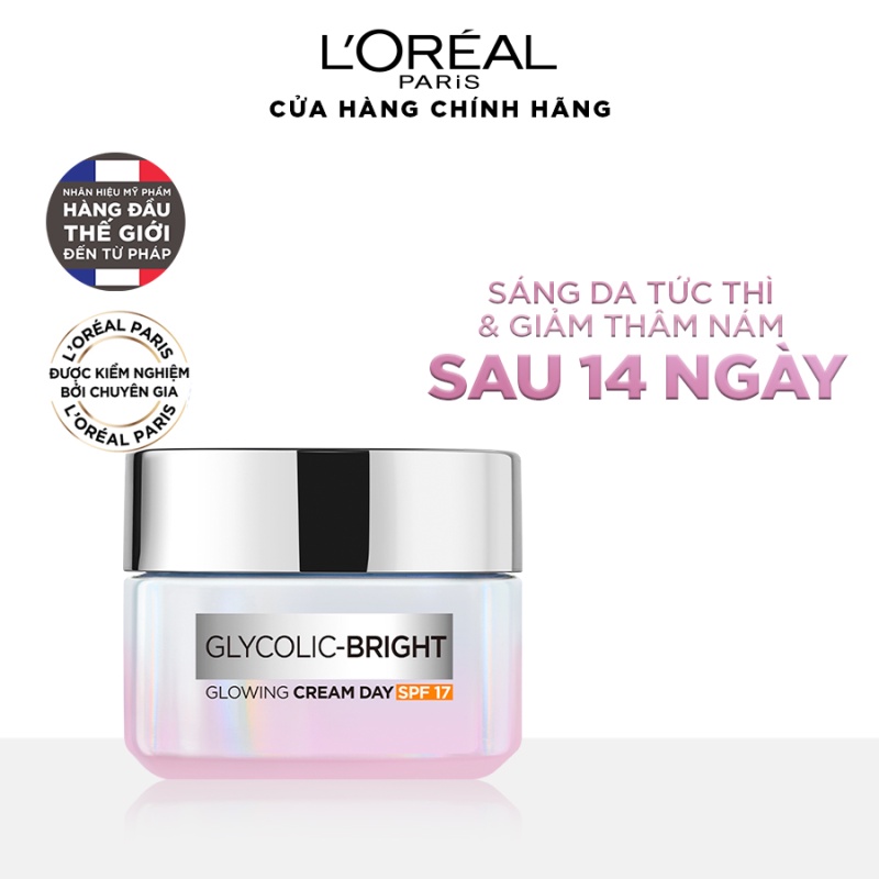 Bộ kem ngày đêm sáng da tức thì Glycolic Bright 50ml x2 &amp; tẩy trang kiềm dầu &amp; chống nắng bảo vệ L'Oreal Paris