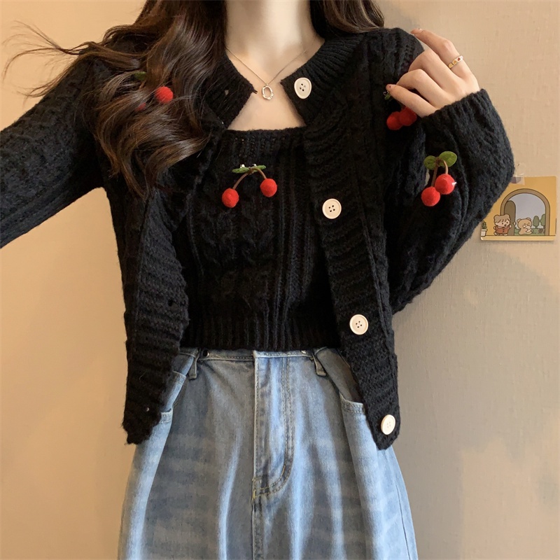 Áo Khoác Len Không Tay Kèm Áo Cardigan In Hình Trái Cherry Thời Trang Cho Nữ