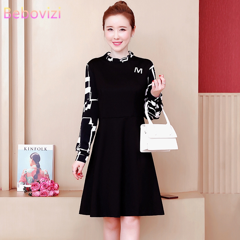 3XL 4XL 5XL Korean Fashion Long Sleeve Women Plus Size Midi Dress Black Loose Casual Midi Dresses