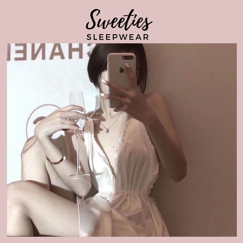 Đầm ngủ lụa 2 dây kiểu cổ chữ V SWEETIES hở lưng phong cách Pháp freesize