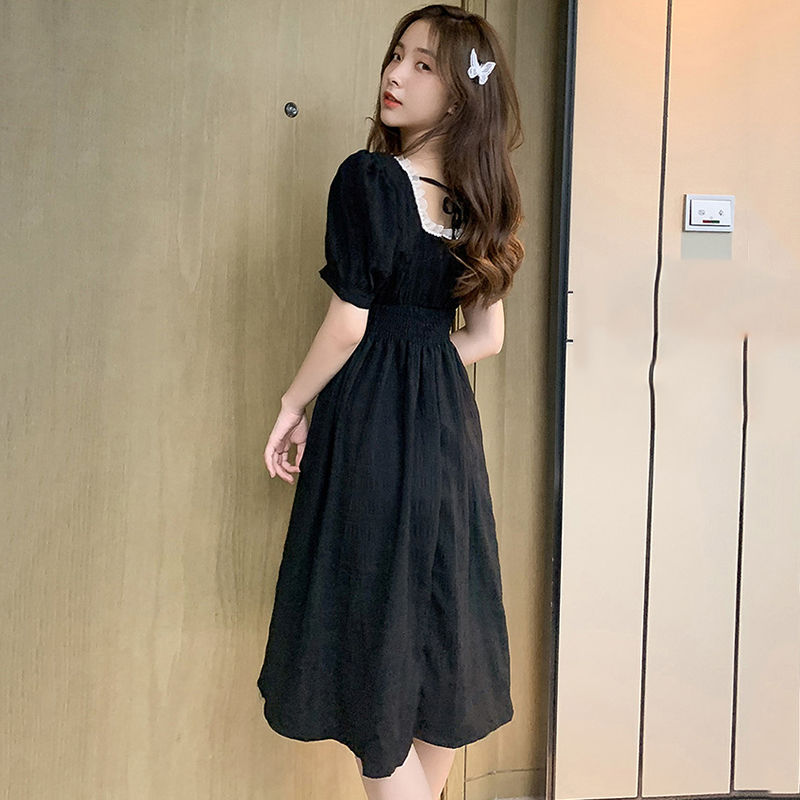 Đầm nữ vải voan cổ vuông phong cách Hàn Quốc thời trang mùa hè cổ điển