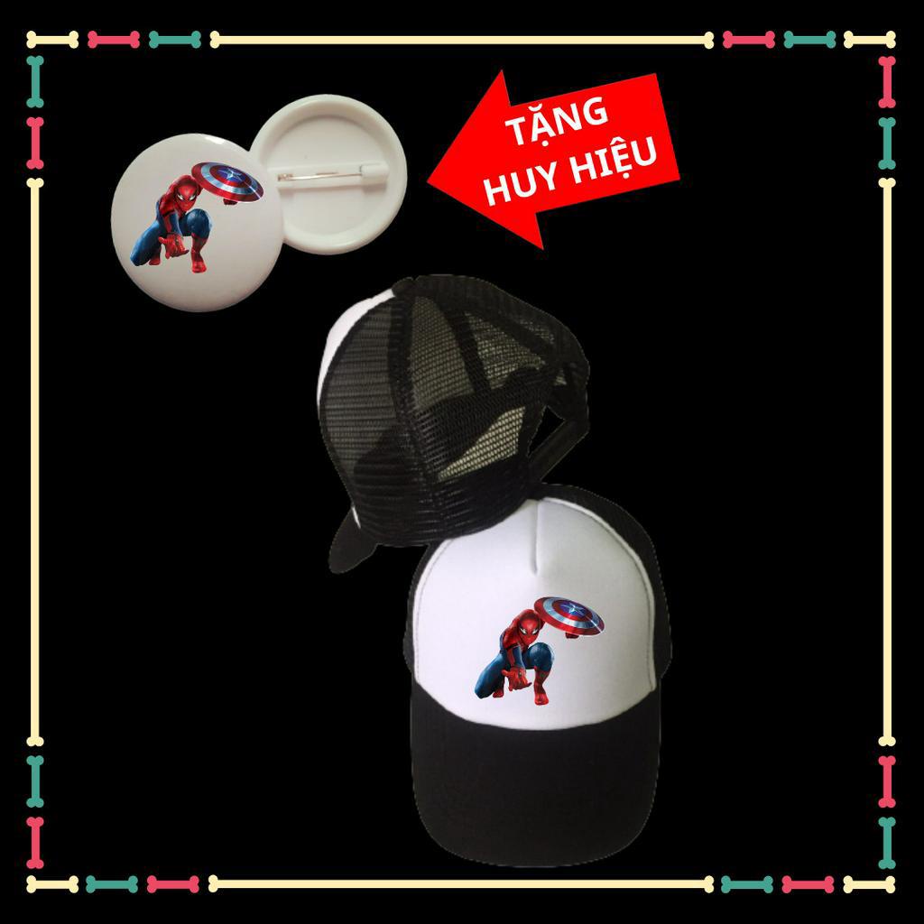 Mũ lưỡi trai trẻ em in hình siêu nhân Spiderman siêu ngầu-Tặng kèm huy hiệu Marvel