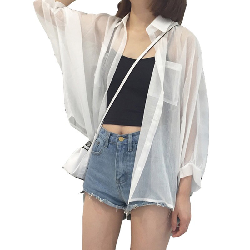 Summer Korean Version Loose Wild Bat Sleeve Sunscreen Shirt  Female Thin Tops Long Sleeve White Sun Protection Top