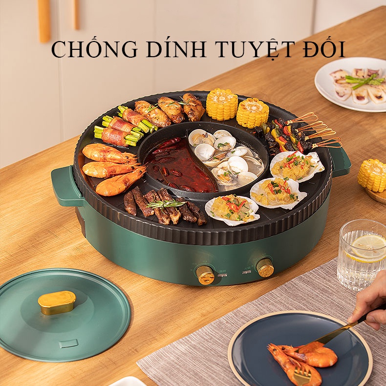 Nồi lẩu nướng, bếp lẩu đa năng 2 trong 1 phủ men chống dính cao cấp dành cho 4-5 người ăn