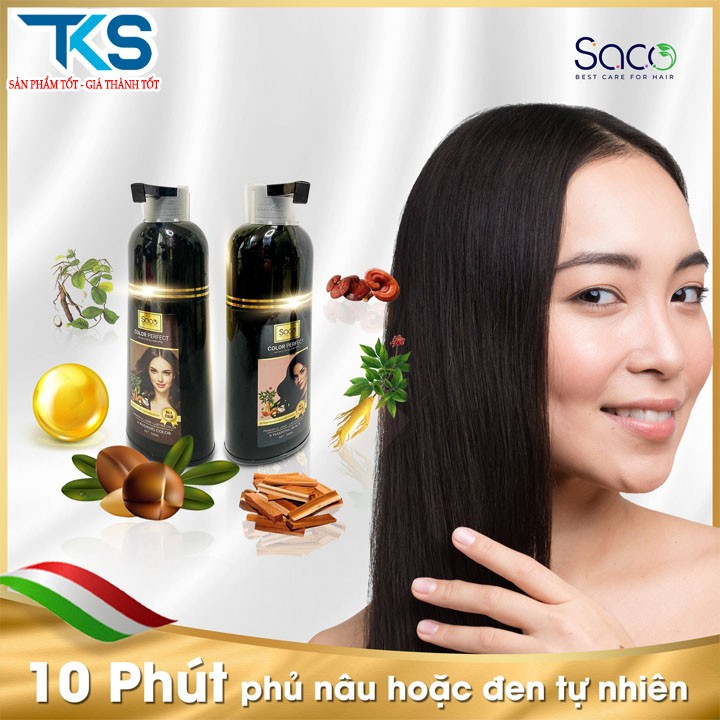 Dầu gội phủ bạc SACO giúp nhuộm Nâu/Đen tóc, chiết xuất thảo dược tự nhiên dung tích 500ml