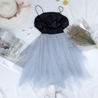 Set áo phi lụa cổ đổ chân váy lưới vạt nhọn hàng Quảng Châu