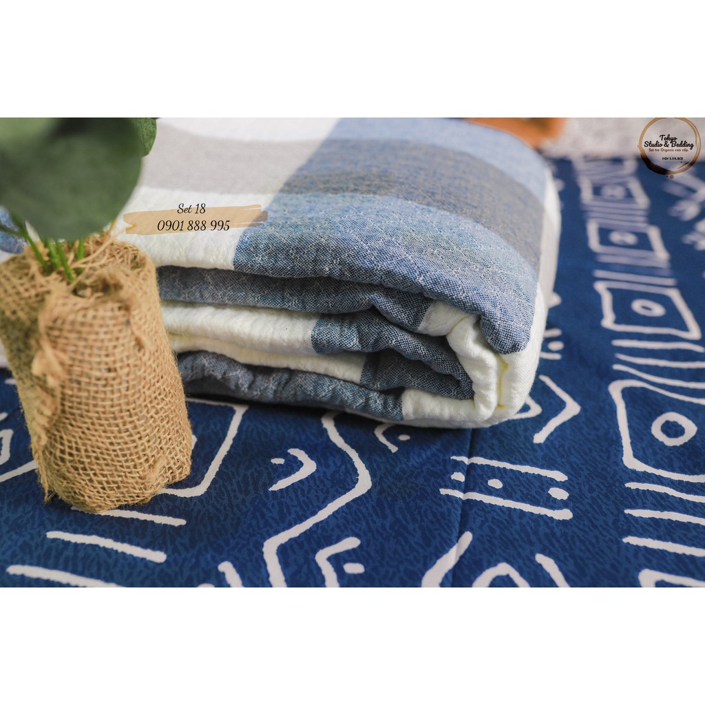 Set 18_Chăn Xô Cotton Sợi tre Organic dòng Basic &amp; Ga gối cottton nguyên chất 100%