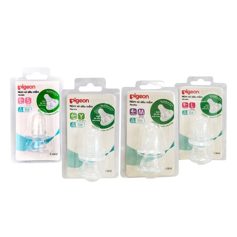 Núm ty thay thế bình sữa Pigeon silicone siêu mềm cổ hẹp size M S Y L - 2 cái/vỹ - num ti binh sua num vu thay binh