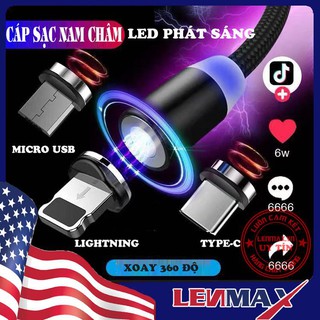 Cáp Sạc Điện Thoại phát sáng Nam Châm Từ Tính, hít mạnh xoay 360 độ, 3 In 1 sạc nhanh, dây bọc dù, sạc nhanh LENMAX
