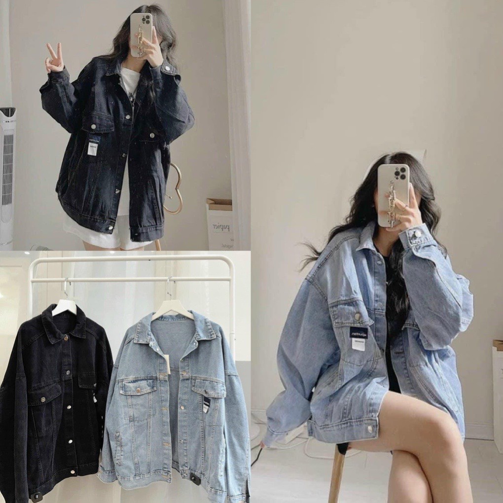 Áo khoác jean nữ trơn màu xanh, đen- áo khoác ngoài from rộng UNISEX chất bò dày dặn phong cách ulzzang hàn quốc
