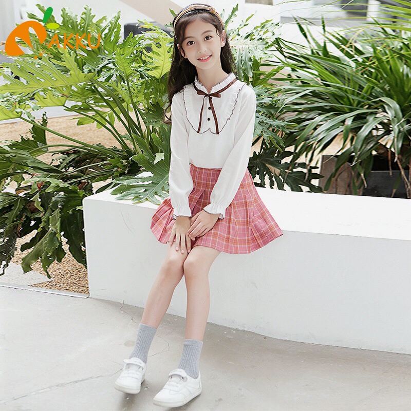 Set Áo Sơ Mi + Chân Váy Họa Tiết Hoạt Hình Đáng Yêu Thời Trang Dành Cho Bé Gái akku