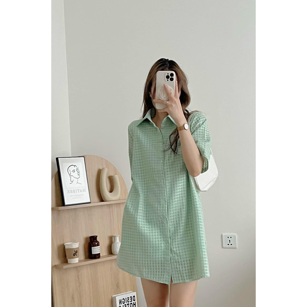 [SẴN/VIDEO] VÁY ĐẦM SƠ MI 2 LỚP ĐAN BASIC XANH TRẮNG