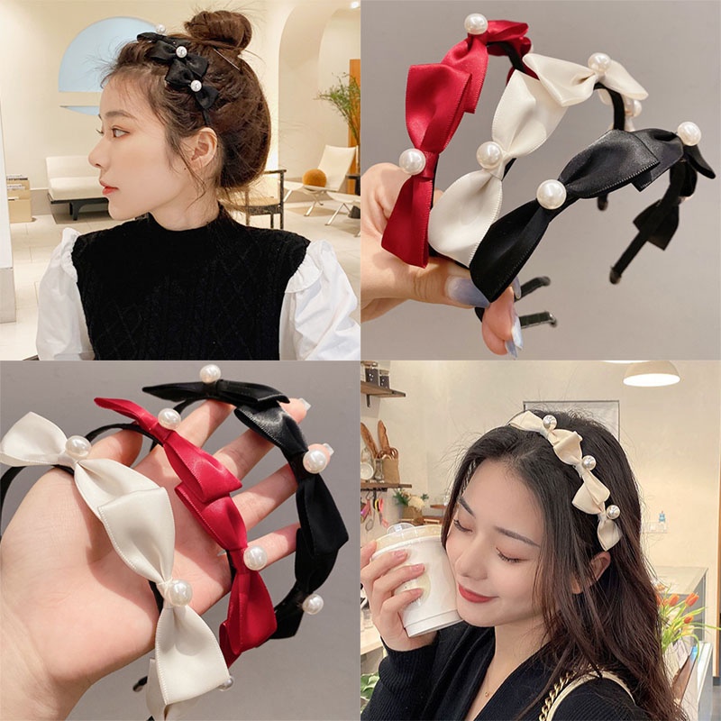 Cài tóc nơ vải đính hạt ngọc trai phong cách Hàn Quốc thời trang cho nữ