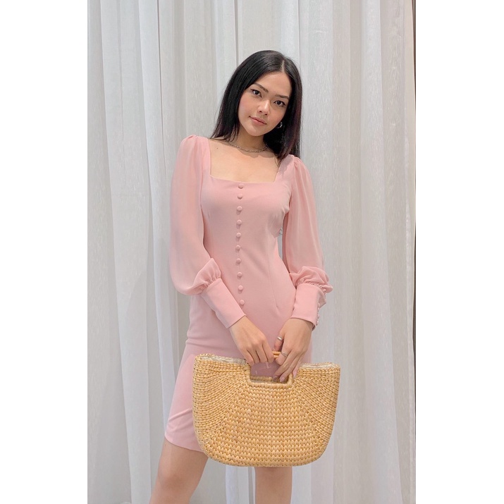 Đầm Bút Chì Cổ U Tay Dài Buột Nơ CQA Boutique CQA0008 Màu Hồng Xinh Xăn Chất Vải Scuba Crepe Cao Cấp