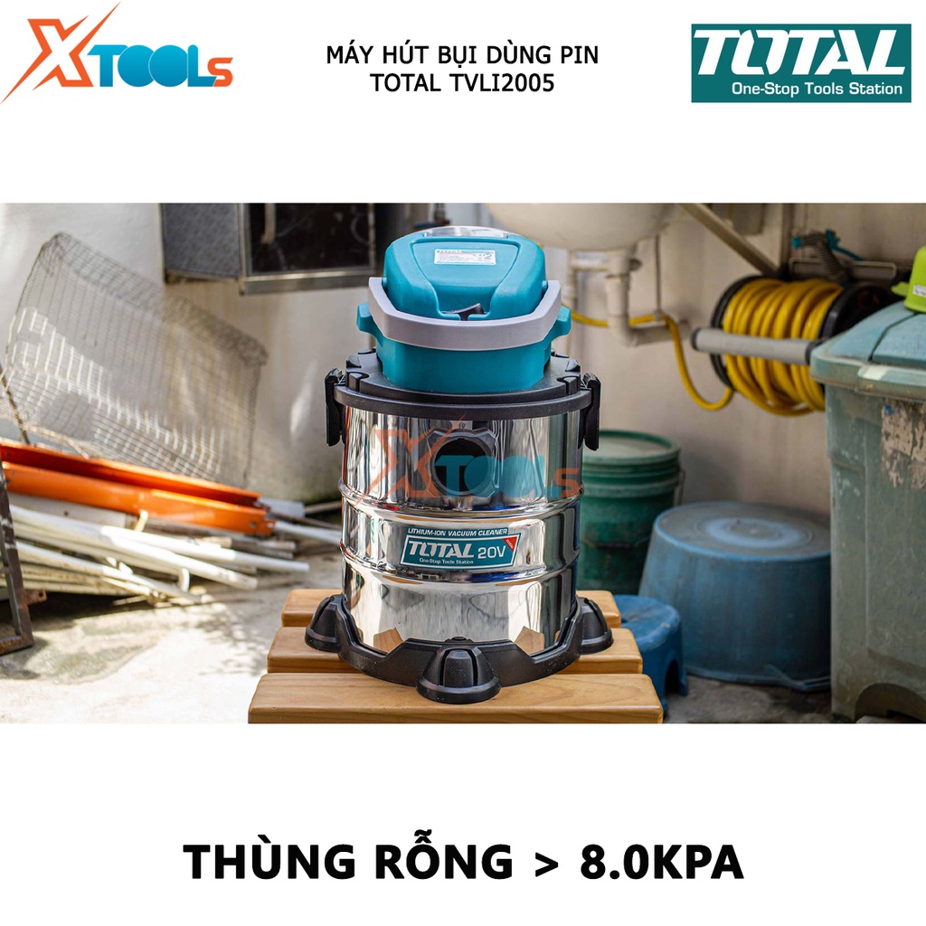 Máy hút bụi dùng pin 20V TOTAL TVLI2005 máy quét dọn cầm tay bình chứa thép không gỉ chứa bụi 20L [XSAFE][XTOOLs]