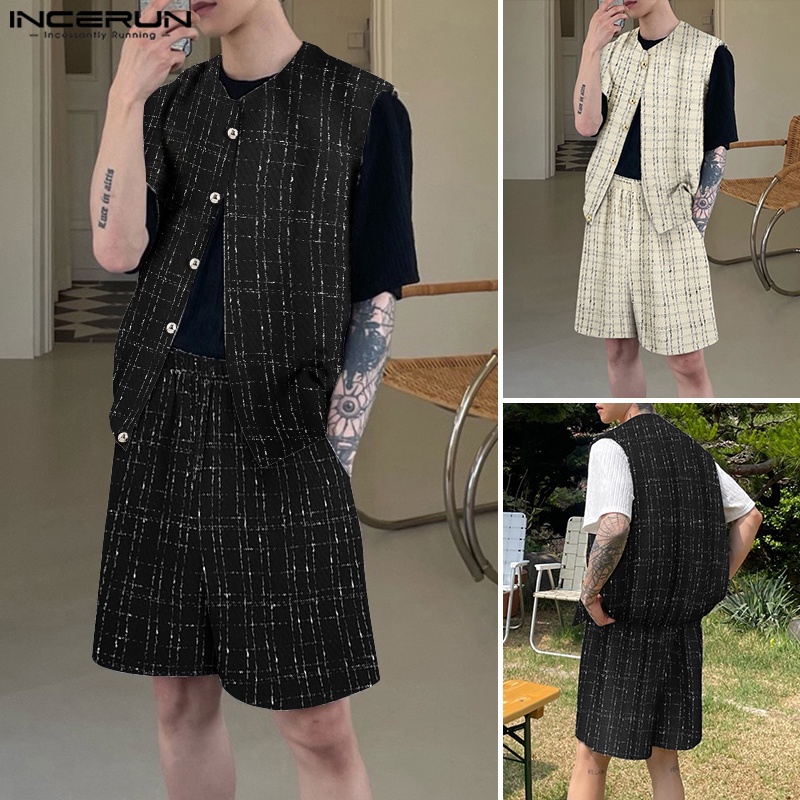 Set đồ INCERUN gồm áo ghi lê và quần short ống rộng họa tiết sọc caro thời trang cho nam